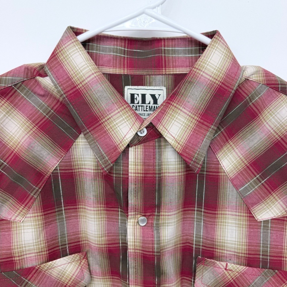 Ely Cattleman Western Shirt Mens Large Red Plaid Lurex Snap Front Long Sleeve